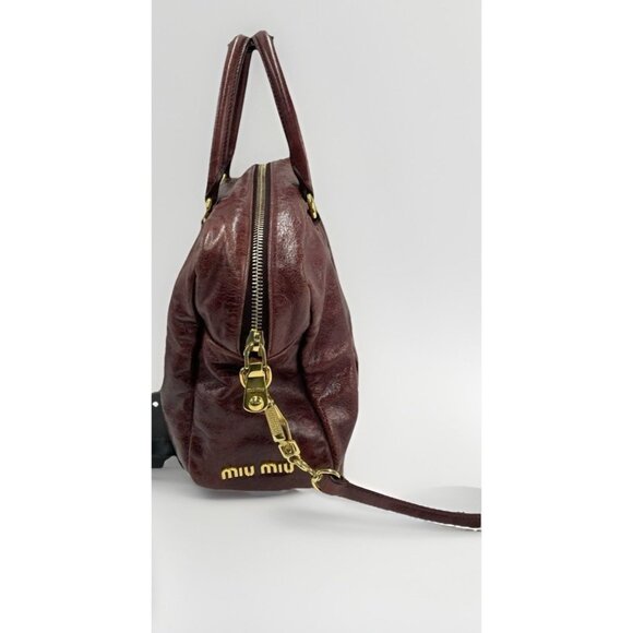 Miu‎ Miu Leather Vitello Lux Bauletto Bowler Bag Satchel Burgundy Nappy - Picture 3 of 10